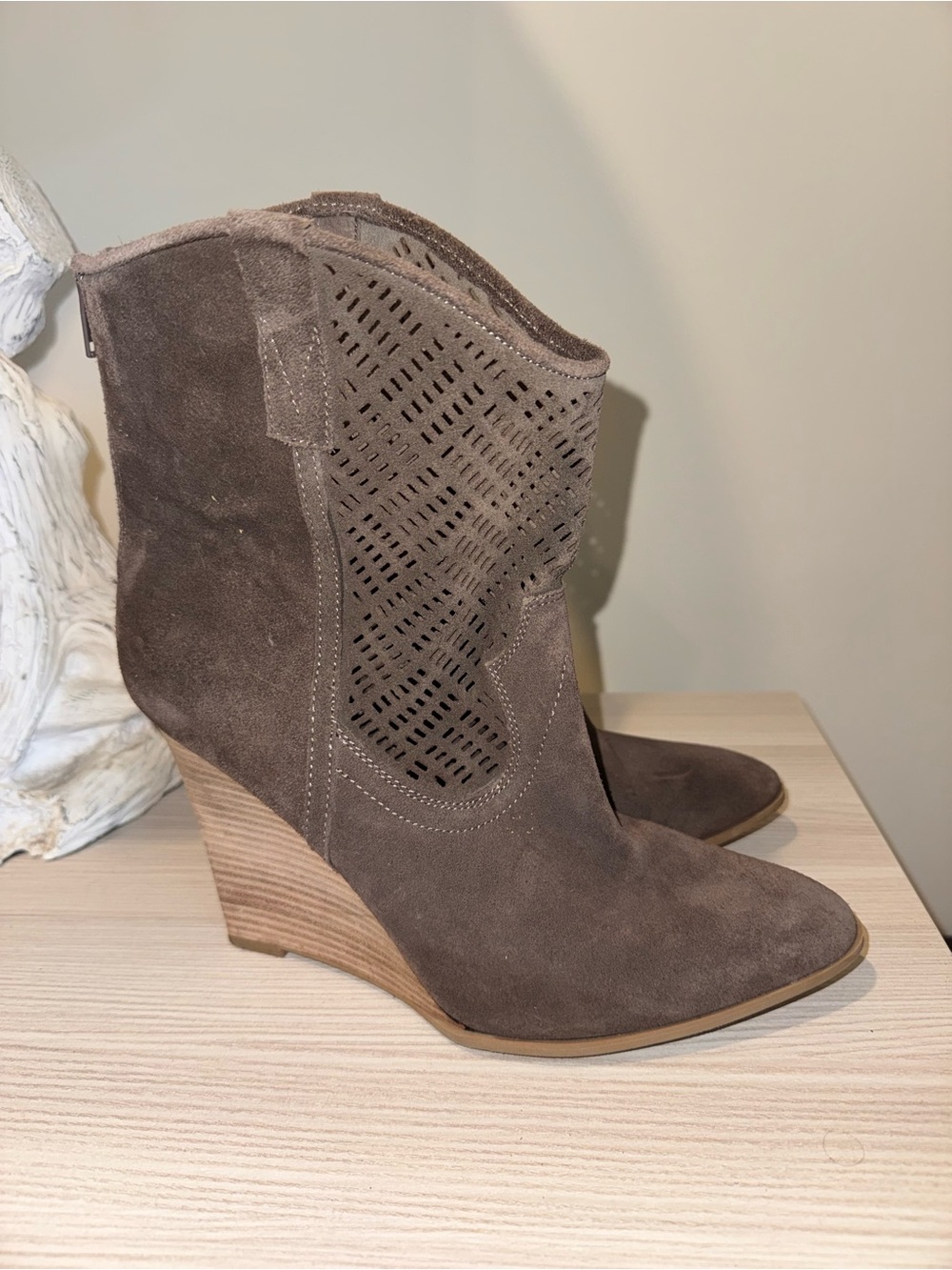 Women's Brown Suede Wedge Booties - Stylish Perforated Design Crowne Vintage 10